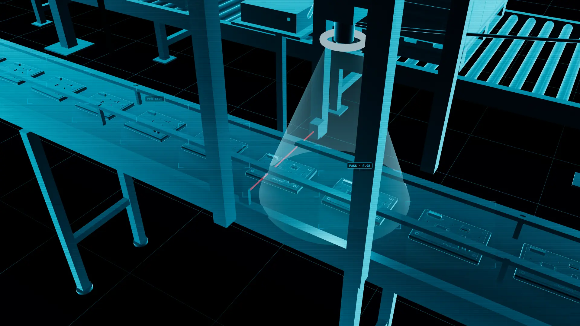 3D illustration of an AI vision camera’s view of circuit boards on a conveyor