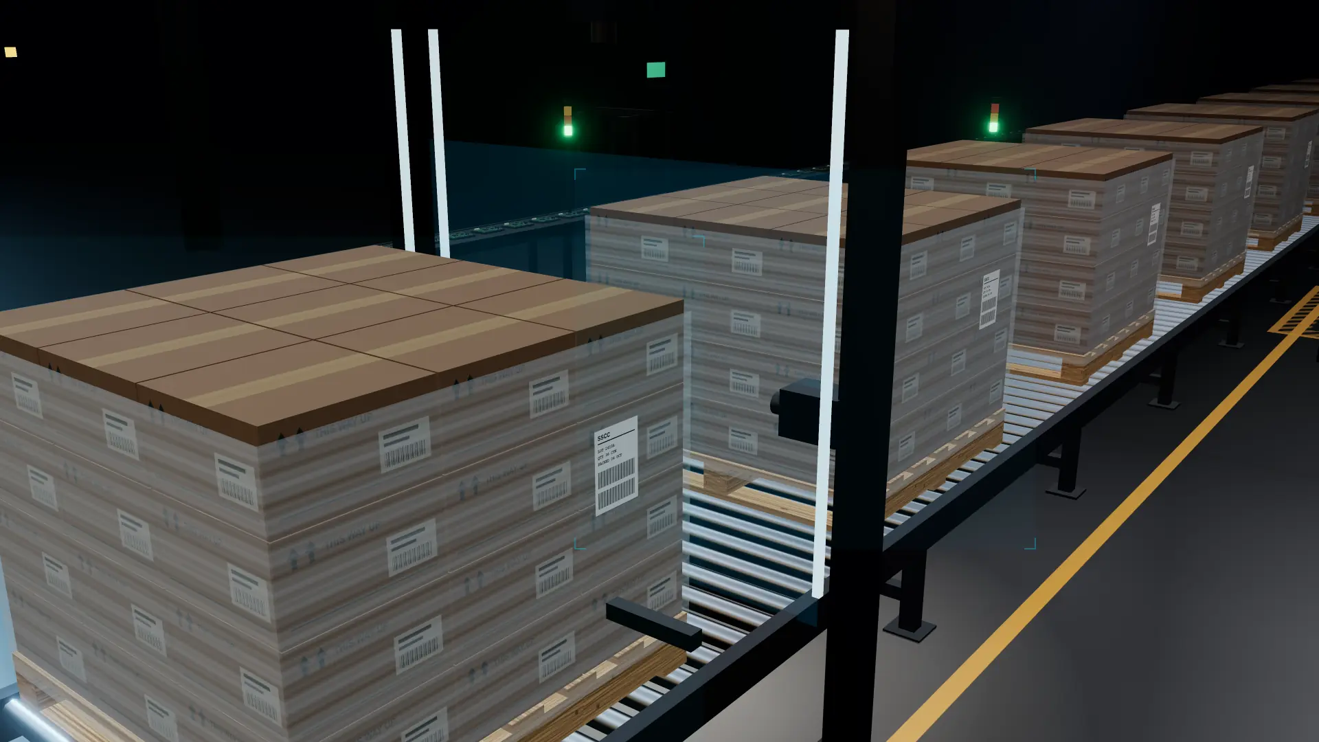 3D illustration of finished pallets on a conveyor at the end of a production line