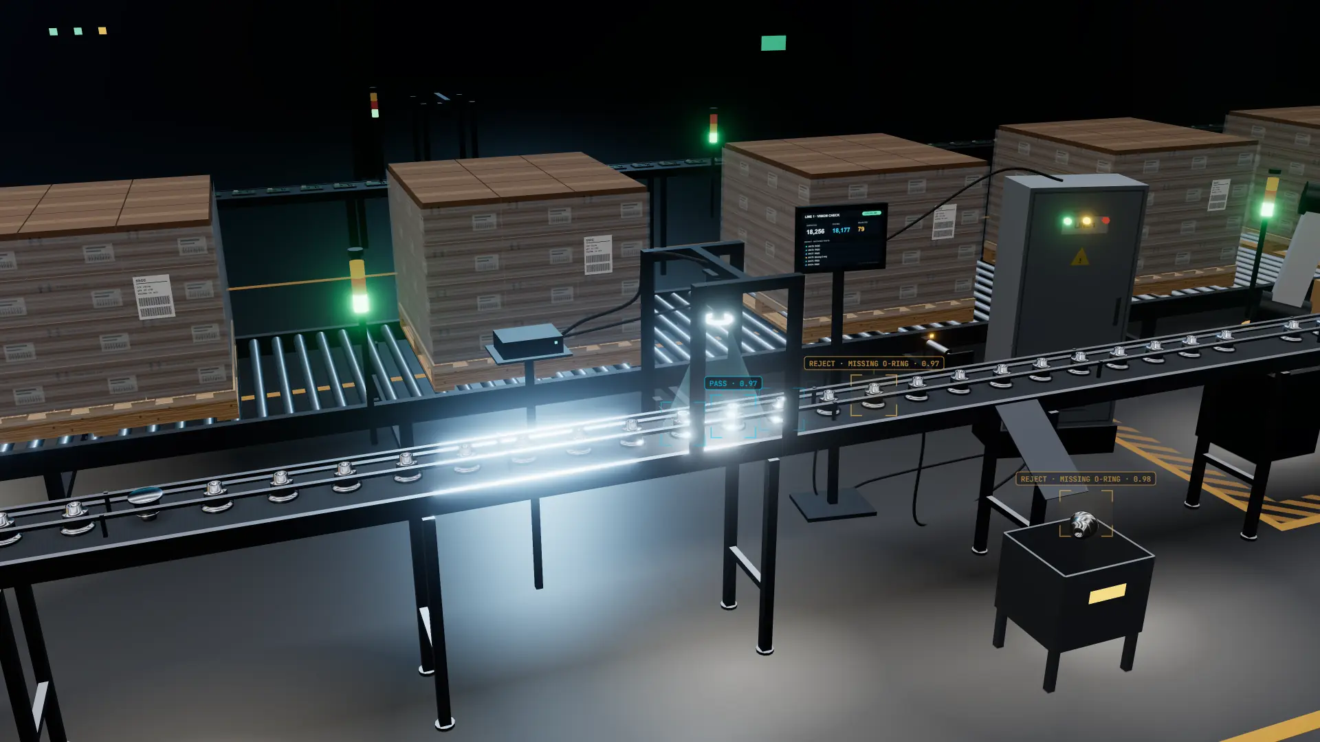 3D illustration of a production line with an AI vision station, operator screen, control cabinet and reject bin
