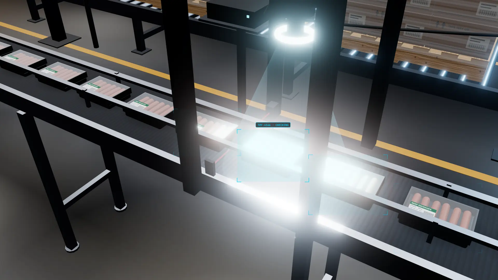3D illustration of food trays on a conveyor passing an AI vision inspection station