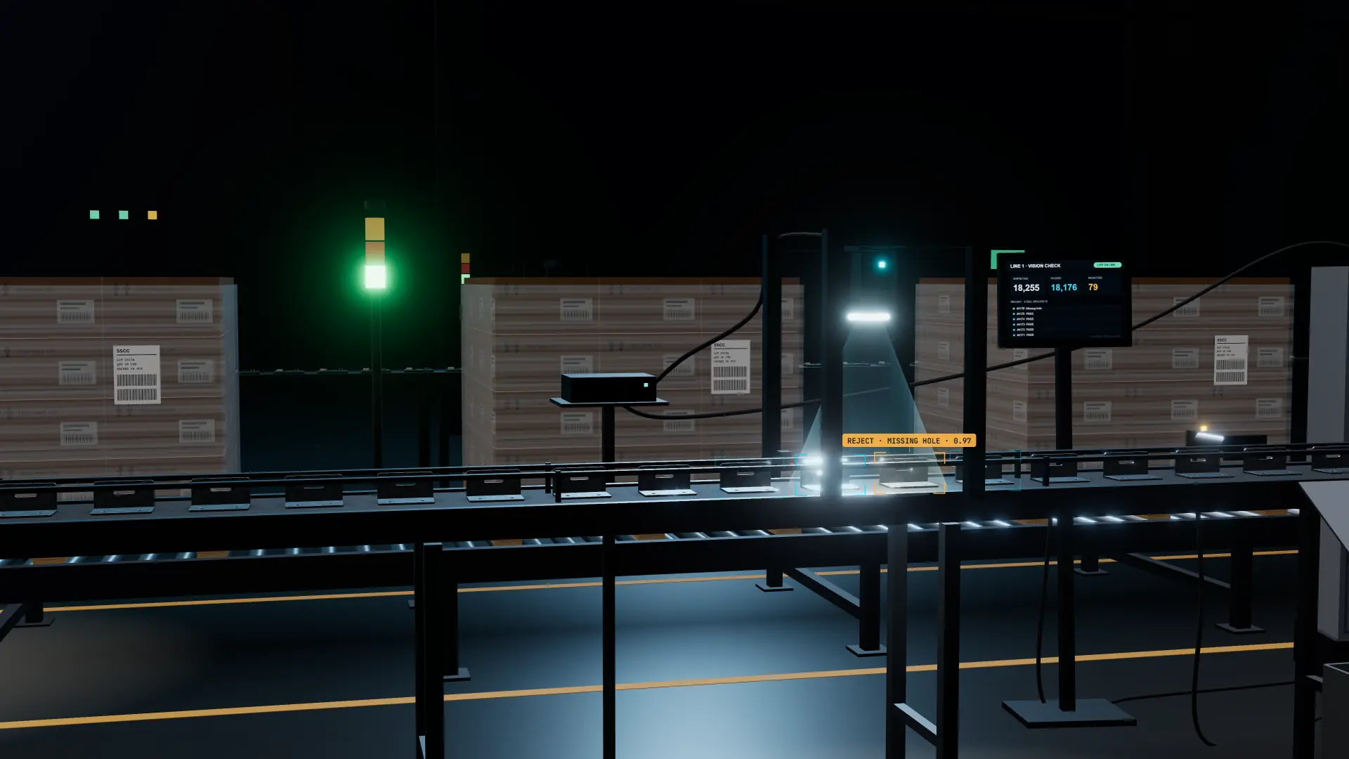 3D illustration of steel brackets on a conveyor passing an AI vision inspection station