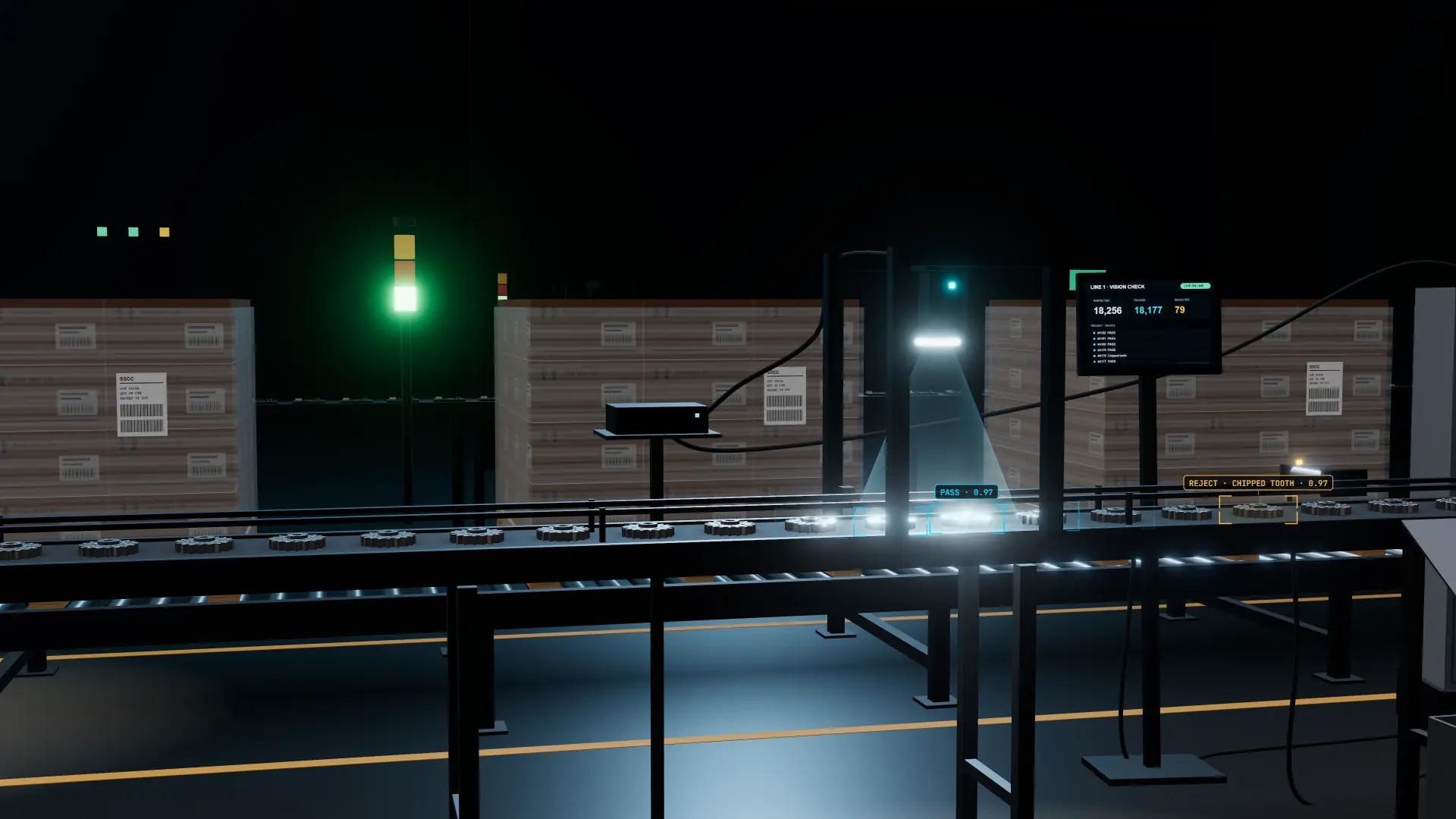 3D illustration of gears on a conveyor passing an AI vision inspection station